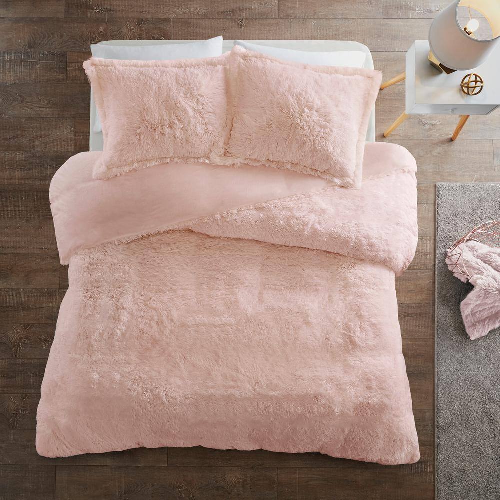 Blush Twin Shaggy Faux Fur Bedspread Cover Set