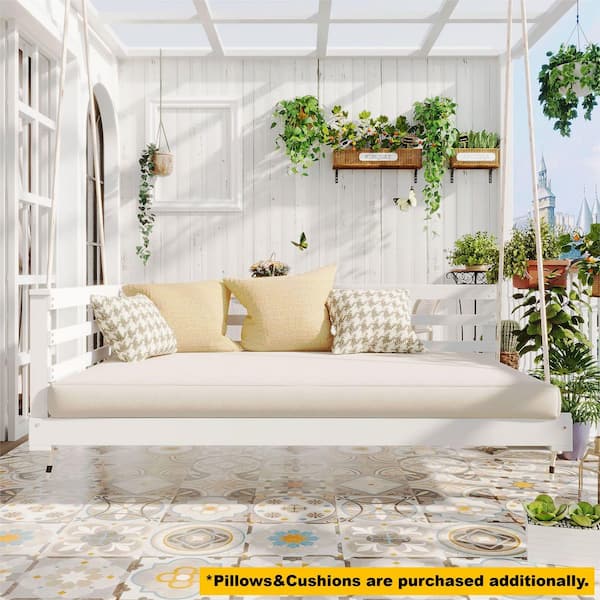 Country Patio Twin XL 80 in. x 40.9 in. White Wood Porch Swing Bed