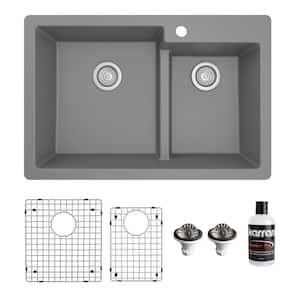 QT-811 Quartz/Granite 33 in. Double Bowl 60/40 Top Mount Drop-in Kitchen Sink in Grey with Bottom Grid and Strainer