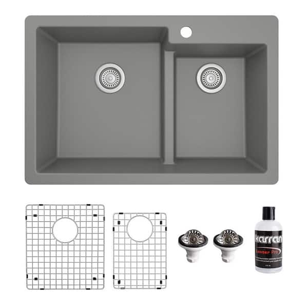 Karran QT-811 Quartz/Granite 33 in. Double Bowl 60/40 Top Mount Drop-in Kitchen Sink in Grey with Bottom Grid and Strainer