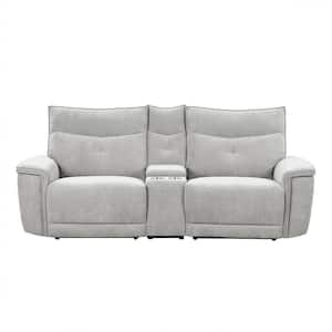 Marta 92.5 in. W Mist Gray Textured Fabric Power Double Reclining 2-Seater Loveseat with Center Console