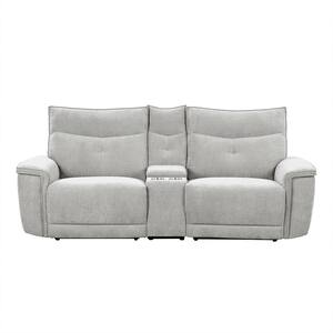 Marta 92.5 in. W Mist Gray Textured Fabric Power Double Reclining 2-Seater Loveseat with Center Console