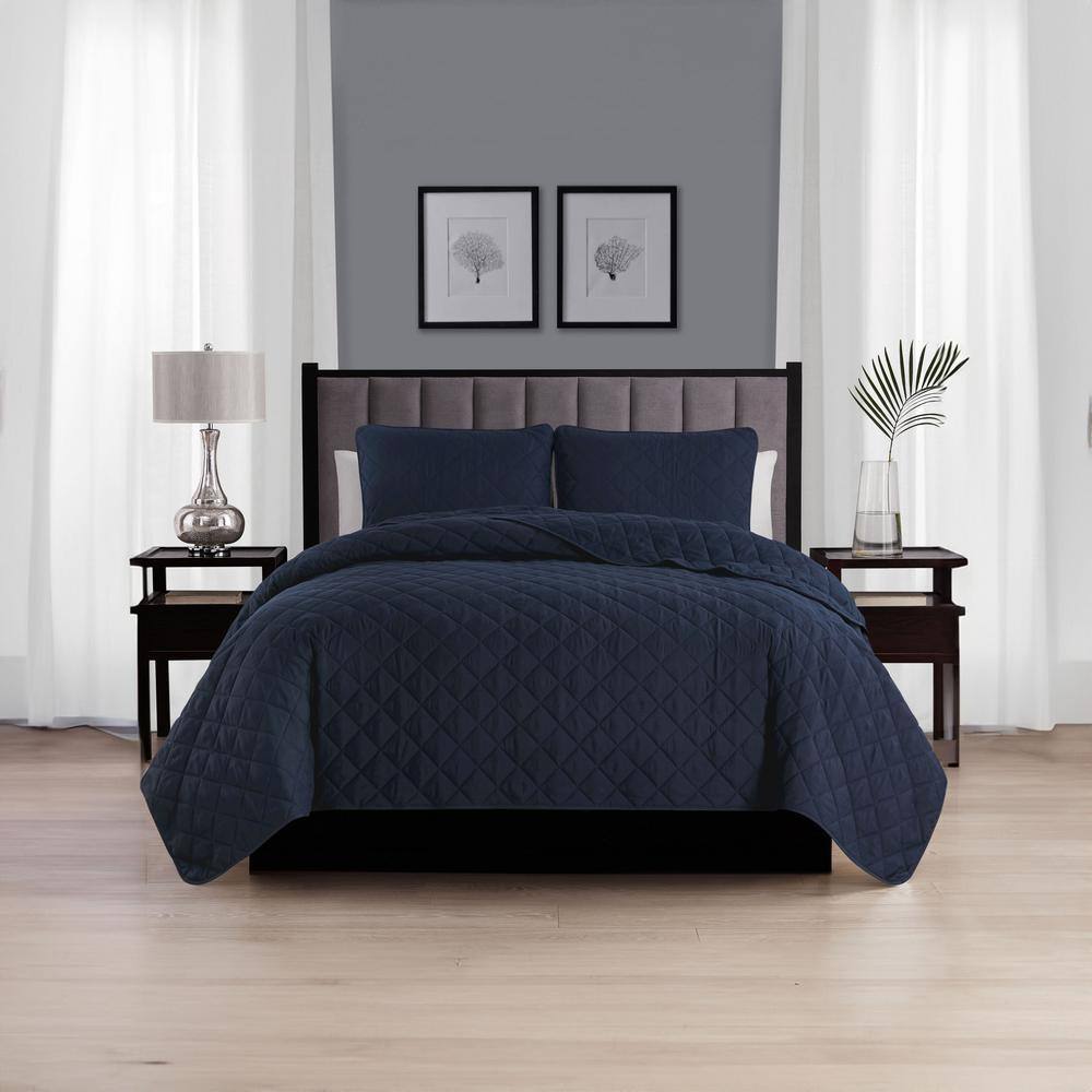 Navy Full Microfiber Diamond-Stitched Reversible Quilt Set