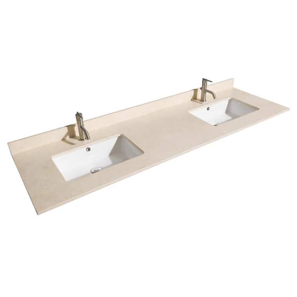 Wyndham Collection Hatton 72 in. W x 22 in. D Marble Double Basin Vanity Top in Beige with White Basin