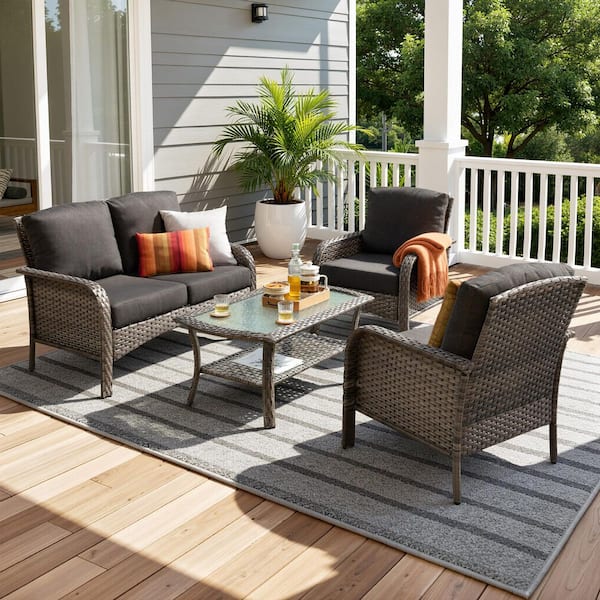 OVIOS Missisi Gray 4-Piece Wicker Patio Conversation Seating Set