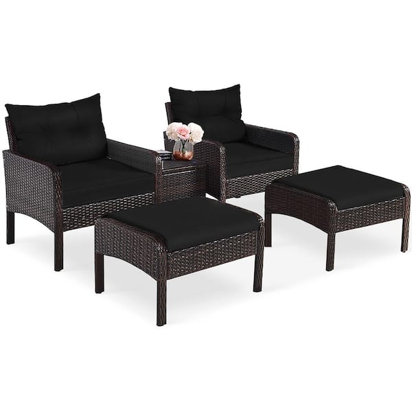 Gymax 5-Piece Wicker Outdoor Patio Set Sectional Rattan Wicker Furniture Set with Black Cushion
