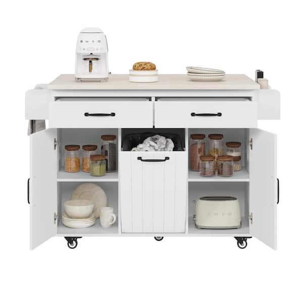 tunuo White Wood 51.06 in. Kitchen Island with Drawers, Tilt-Out Trash Can, Towel Rack, Spice Rack, Cabinet, Drop Leaf