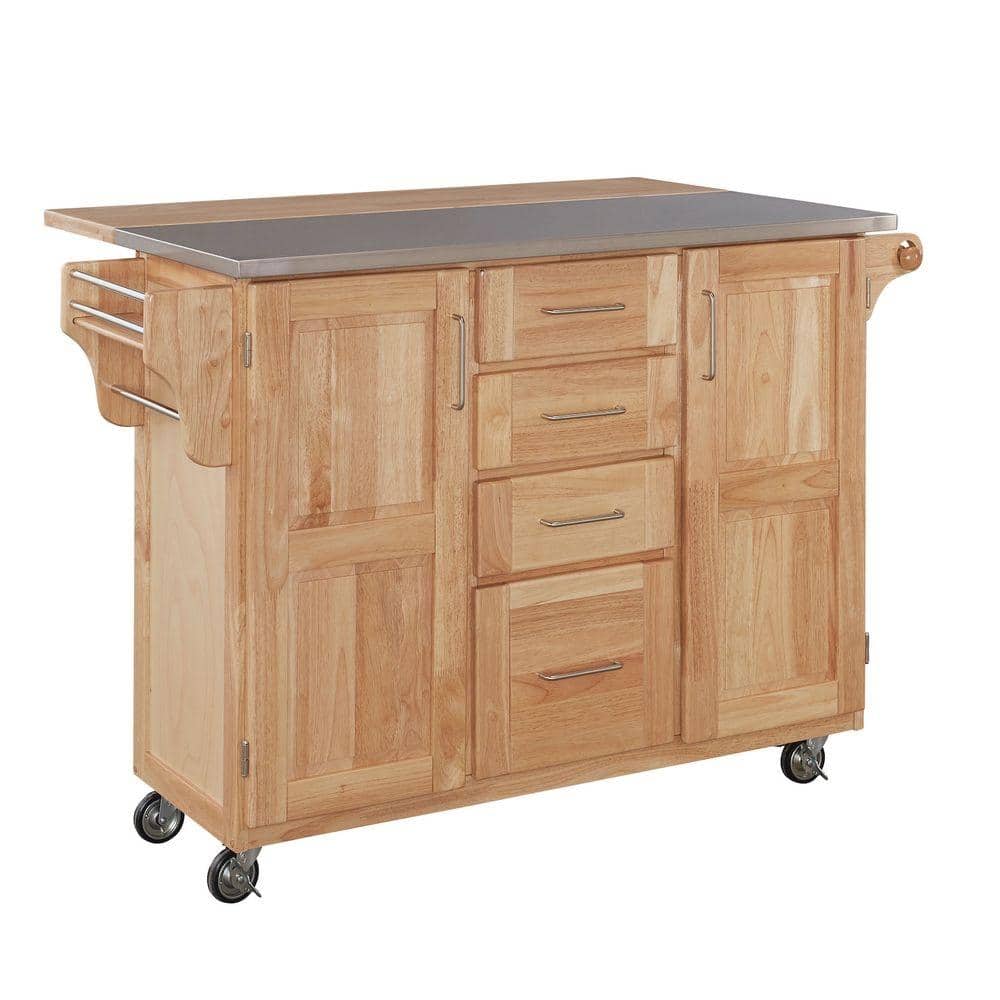 HOMESTYLES Natural Wood Kitchen Cart with Stainless Top and Breakfast Bar  20 20