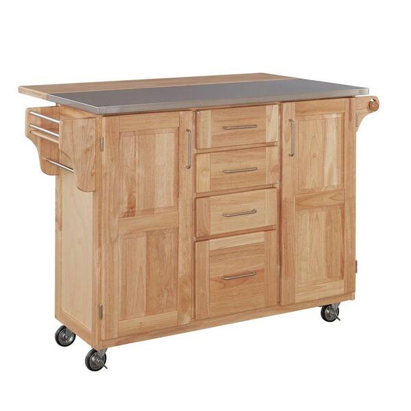 HOMESTYLES Natural Wood Kitchen Cart with Stainless Top and Breakfast Bar
