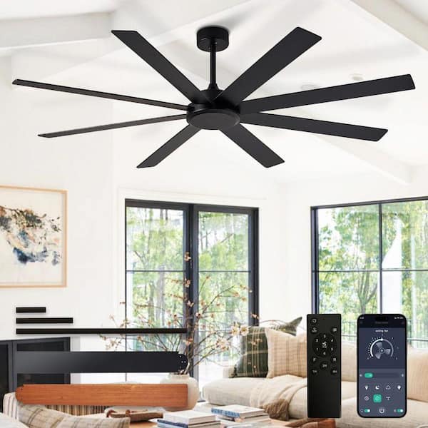 66 in. Black Brushed Walnut 8 Blades Downrod Mount Large Ceiling Fan with No Lights Included 3CCT Dimmable APP Remote