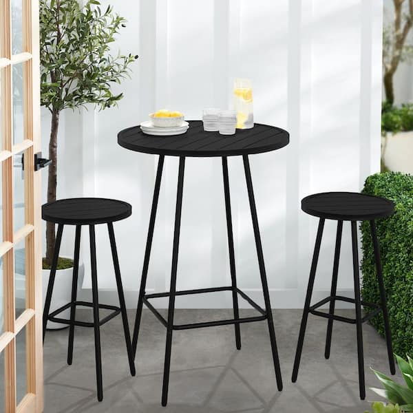 3-Piece Steel Patio Bar Height Round Outdoor Black Bistro Set w/ Backless Stools