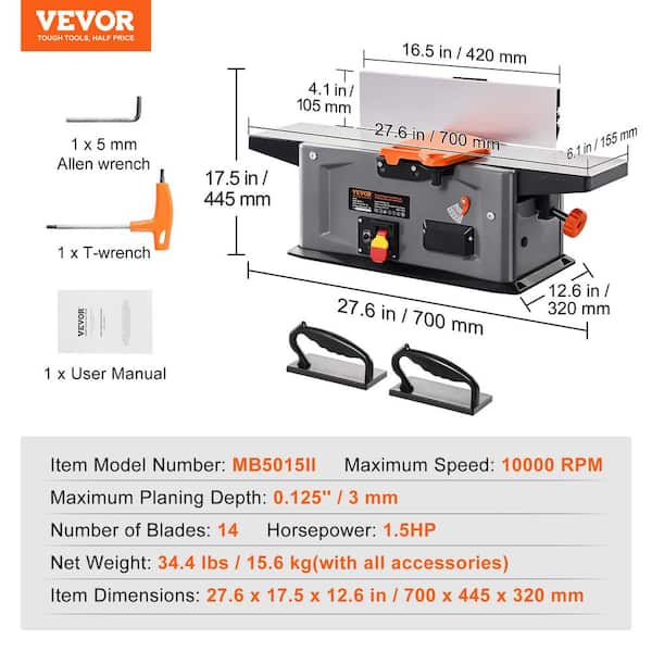 VEVOR Spiral Benchtop Jointer 6 in. 1.5HP 10000 RPM Bench