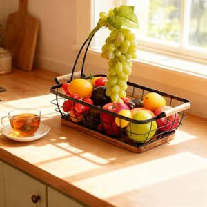 Livabber 2-Tier Metal Fruit Basket With Banana Hangers - Countertop Organizer For Kitchen (Gold)