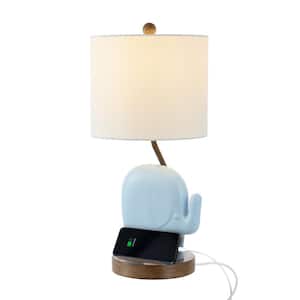 Ellie 20.25 in. Bohemian Designer Iron/Resin Elephant LED Kids Table Lamp with Phone Stand and USB Charging Port, Blue