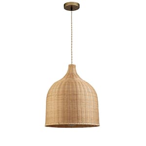 48-Watt 1 Light Natural Wood Color Round Shaded Pendant Light with Rattan Shade, No Bulbs Included