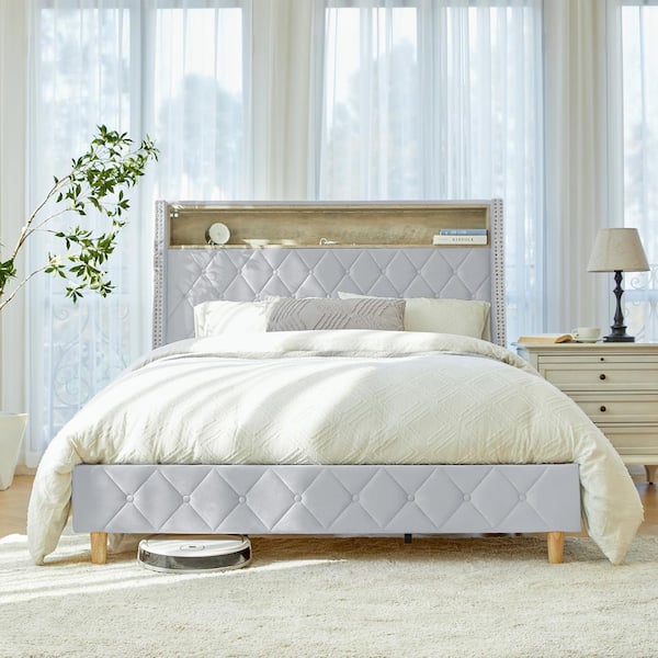 Candido Light Gray 81.5 in. Upholstered Wood Frame King Panel Bed Charging Stations and Integrate Motion-Sensor Lights