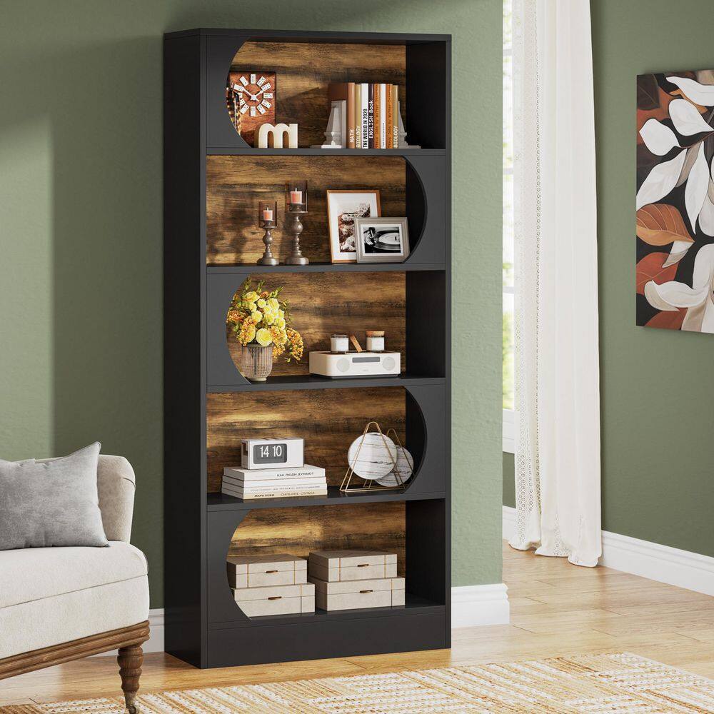 Jannelly 71 in. Tall Black Wood 5-Shelf Standard Bookcase with Interior Shelves, Storage, 5 Tier Bookcase Living Room