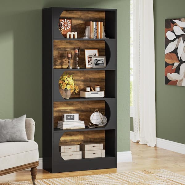 Jannelly 71 in. Tall Black Wood 5-Shelf Standard Bookcase with Interior Shelves, Storage, 5 Tier Bookcase Living Room