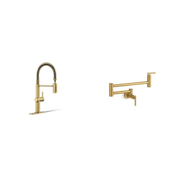Clarus Pull Down Sprayer Kitchen Faucet and Wall Mount Pot Filler in Vibrant Brushed Moderne Brass Combo