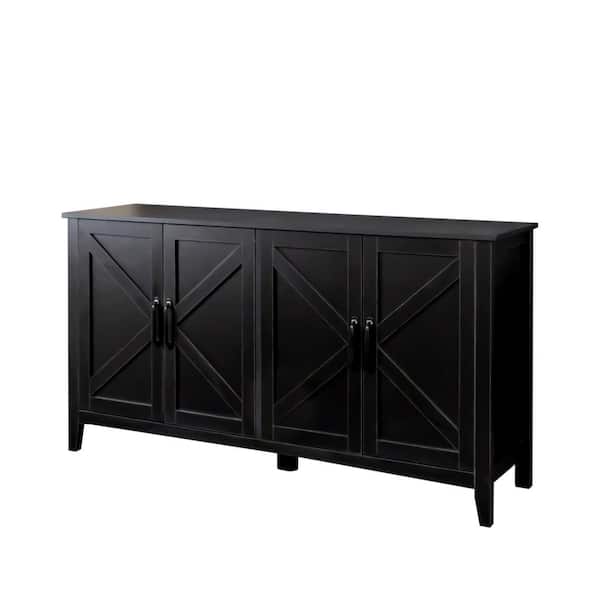 59 in. W x 16 in. D x 32 in. H Black Linen Cabinet, Cabinet with Door and Open Shelves, Sideboard Storage Cabinet