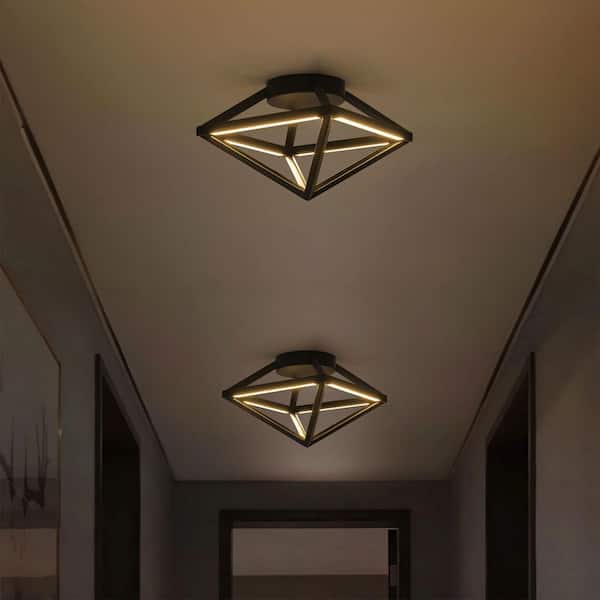 RRTYO Nolia 14 in. Modern Industrial Black Linear Geometric Cage Cone Integrated LED Flush Mount Ceiling Light