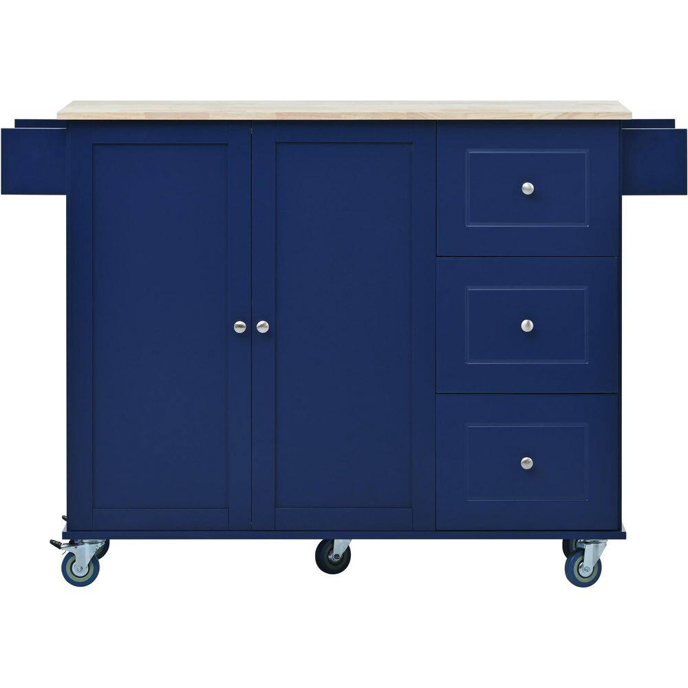 Dark Blue Solid Wood Kitchen Cart with Drop-Leaf and Spice Rack
