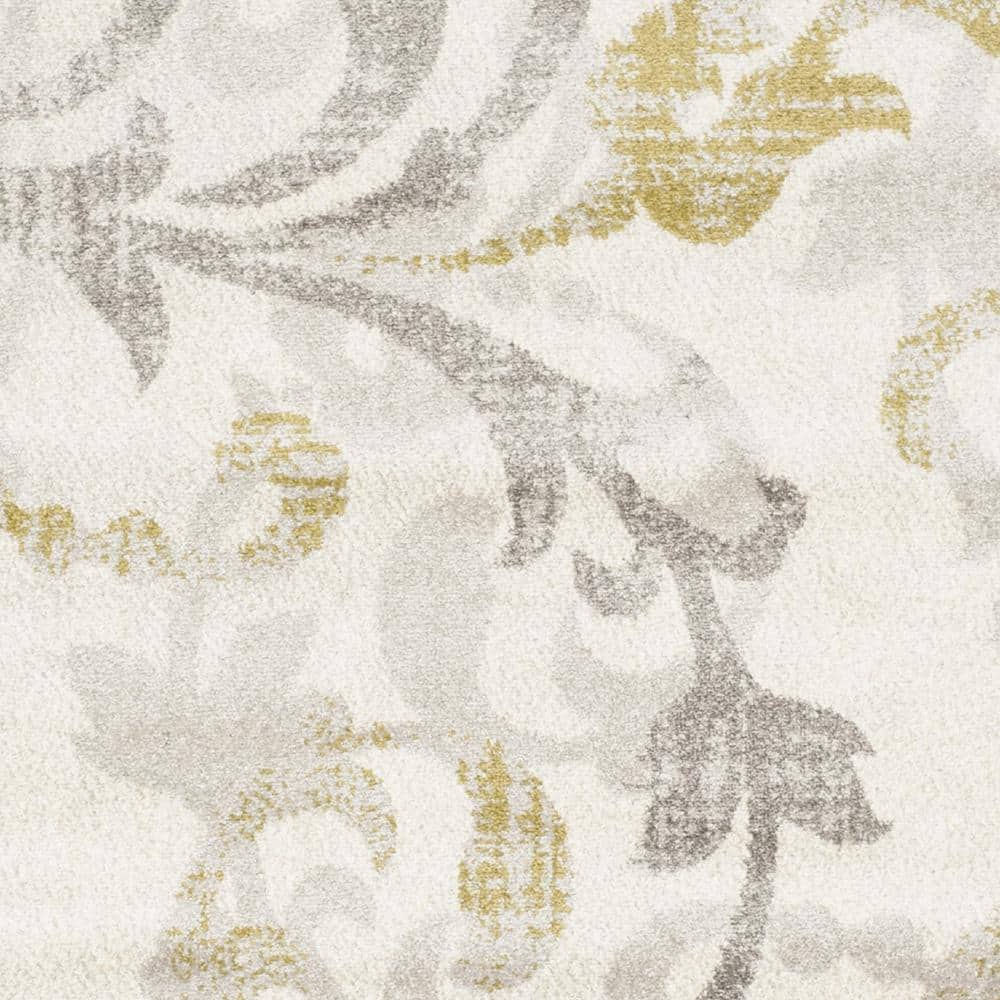 Ivory Light Grey Floral Square Synthetic Easy-Care Rug