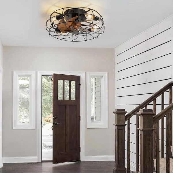 Urban 19 in. Indoor Black Low Profile Farmhouse Caged Bladeless Ceiling Fan with 4-Light Remote and Wood Grain Blades