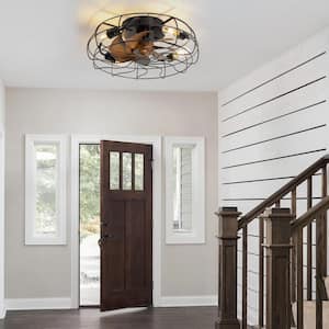 Urban 19 in. Indoor Black Low Profile Farmhouse Caged Bladeless Ceiling Fan with 4-Light Remote and Wood Grain Blades