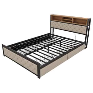Beige Metal Frame Queen Size Platform Bed with USB Port and 4-Drawers