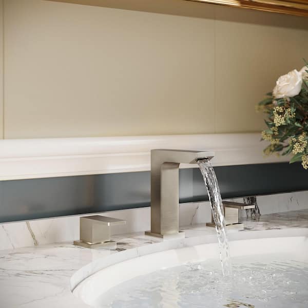 Waterfall 3-Hole Mid-Arc 8 in. Widespread Double Handle Bathroom Sink Faucet in Brushed Nickel with Pop-Up Drain