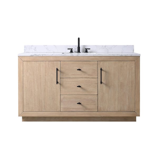 60 in. W x 22 in. D x 38 in. H Single Sink Bath Vanity in Light Wheat with Arabescato White Engineered Marble Top
