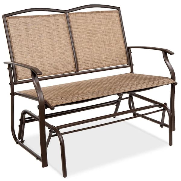 Best Choice Products Brown 2-Person Metal Outdoor Glider, Patio Loveseat, Fabric Bench Rocker for Porch with Armrests