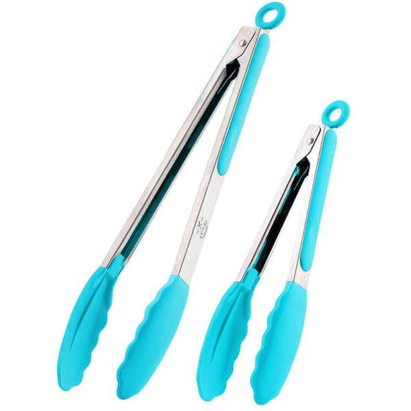 Zulay Kitchen 2-Pack (9 in. and 12 in.) Tongs for Cooking with Silicone Tips - Silver - Aqua Sky