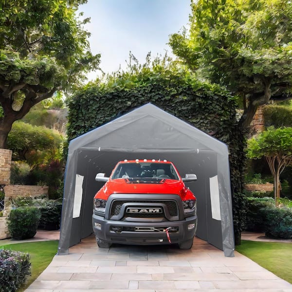 Clihome 12 ft. W x 20 ft. D Heavy Duty Canopy Carport Outdoor Portable Garage in Grey with Mesh Windows and Rolling Doors CL VO 47983 The Home Depot