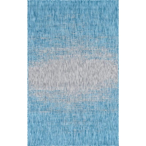 Aqua Blue Ombre Outdoor 6 ft. x 9 ft. Area Rug