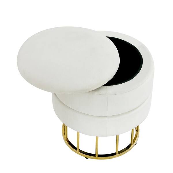 15 in. Modern White Velvet Fabric Round Upholstered Ottoman with 