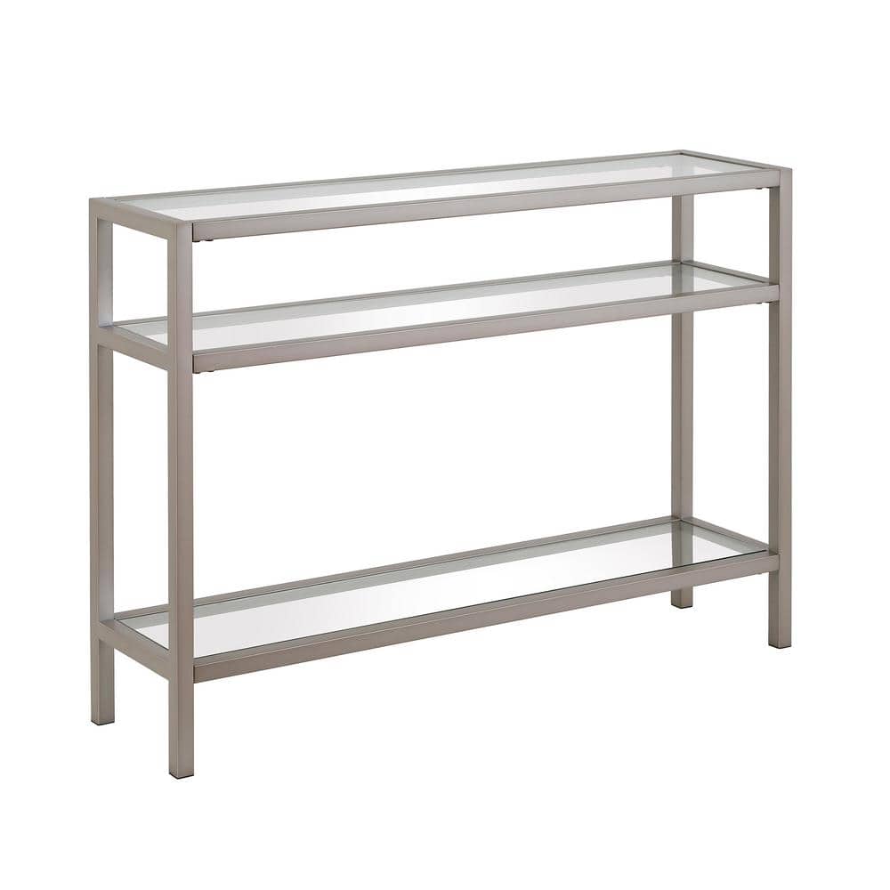Satin Nickel Industrial Console Table with Tempered Glass Shelves