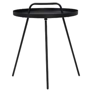 Small Black Side Table, Metal Round Side Table with Handle, For Outdoor Garden Bedroom Living Room