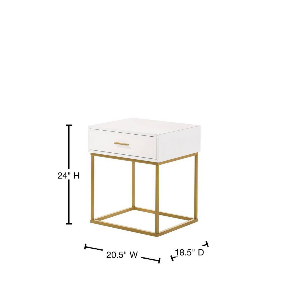 Catalina Mid-Century Modern White Rubberwood 1-Drawer Nightstand with Gold Legs