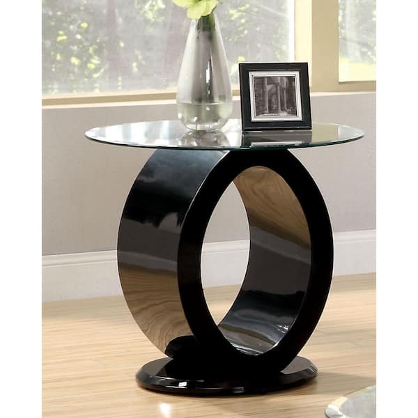 Babb 23.5 in. Glossy Black Round Glass End Table