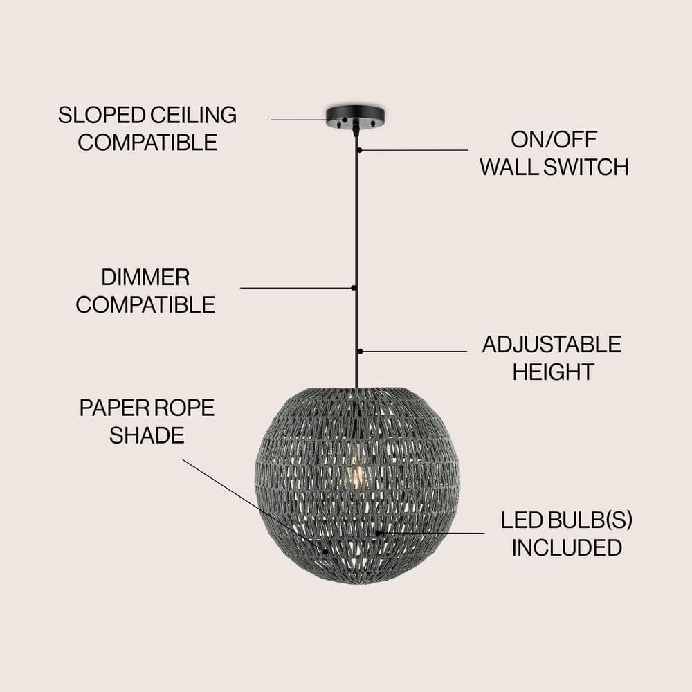 Luna 15.75" Gray Woven Rattan LED Pendant Light