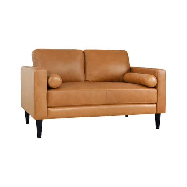 74.5 in. W Square Arm Leather Rectangle Leather Mid-Century Sofa in Tan Brown for Living Room