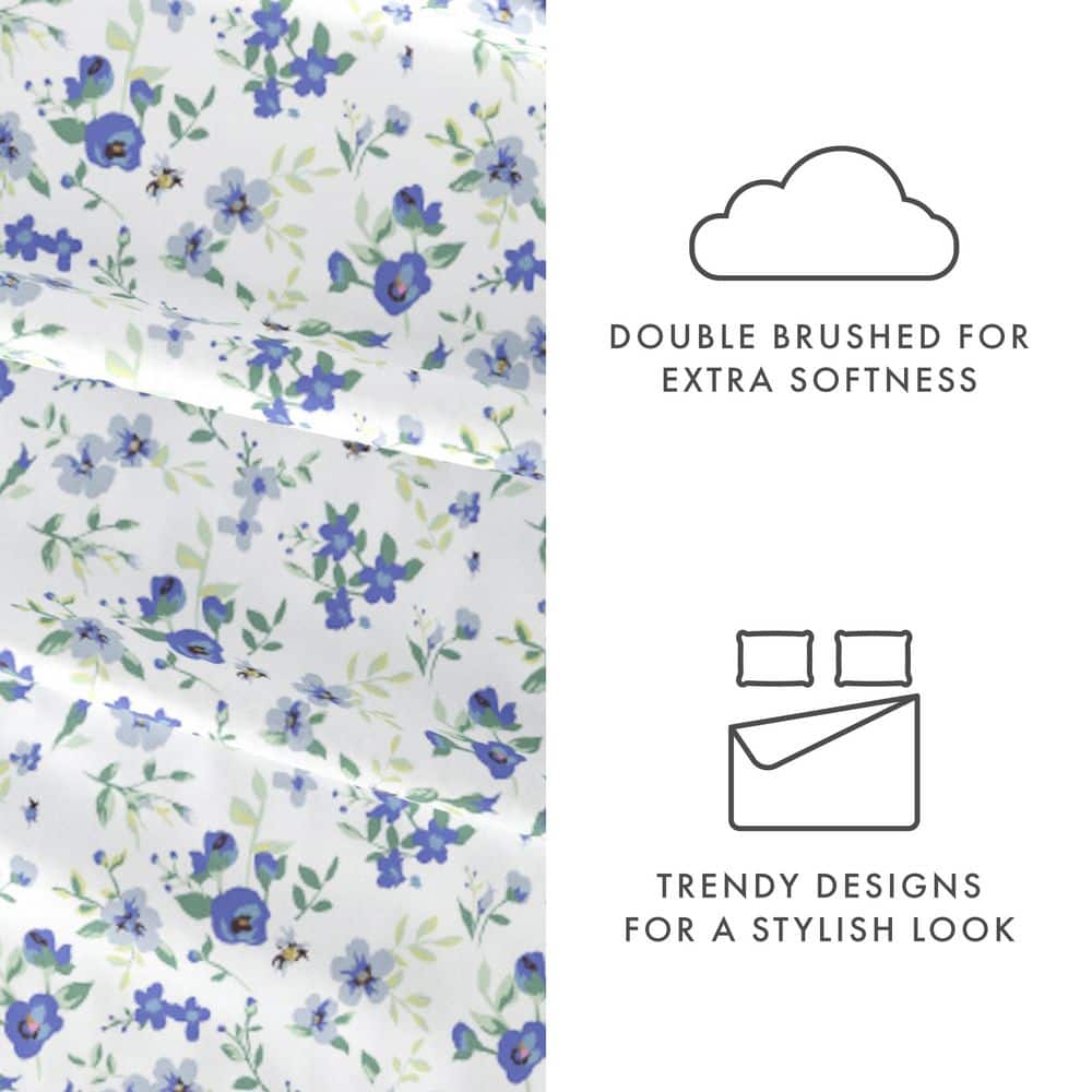 California King Light Blue Floral Microfiber Bed Sheet Set