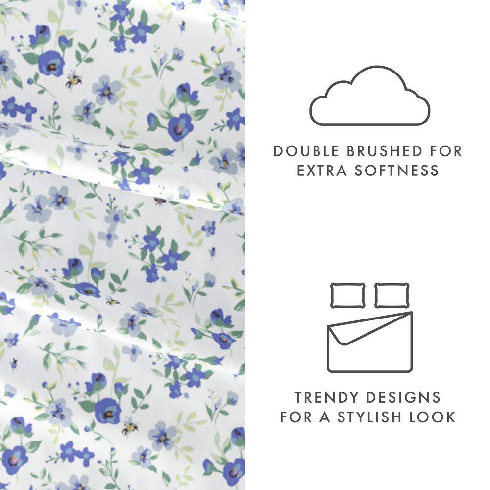 Light Blue Floral Microfiber Full Bed Sheet Set