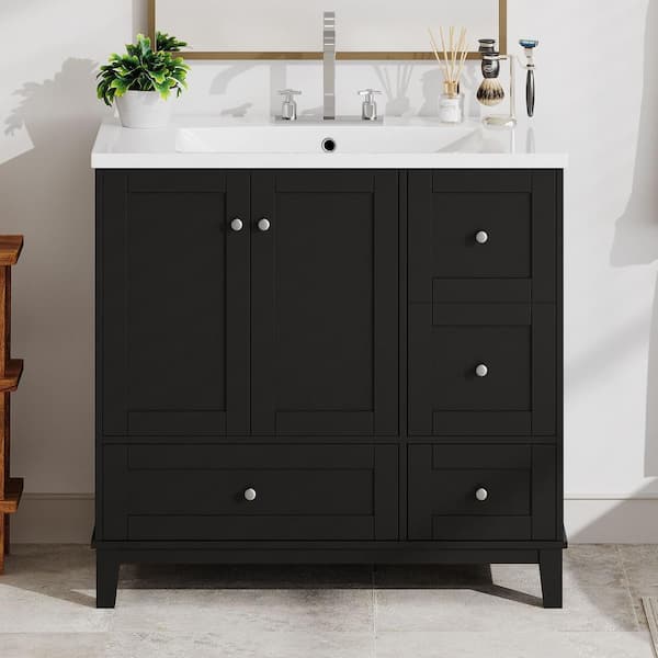 EPOWP 36 in. W x 18 in. D x 34 in. H Single Sink Freestanding Bath Vanity in Black with White Resin Top and Storage