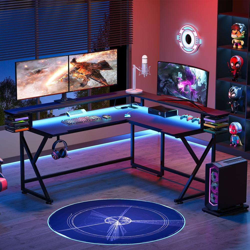 Havrvin 55 in. L Shaped Black Wood Gaming Desk with LED Strip and Power  Outlets, Computer Corner Desk Home Office