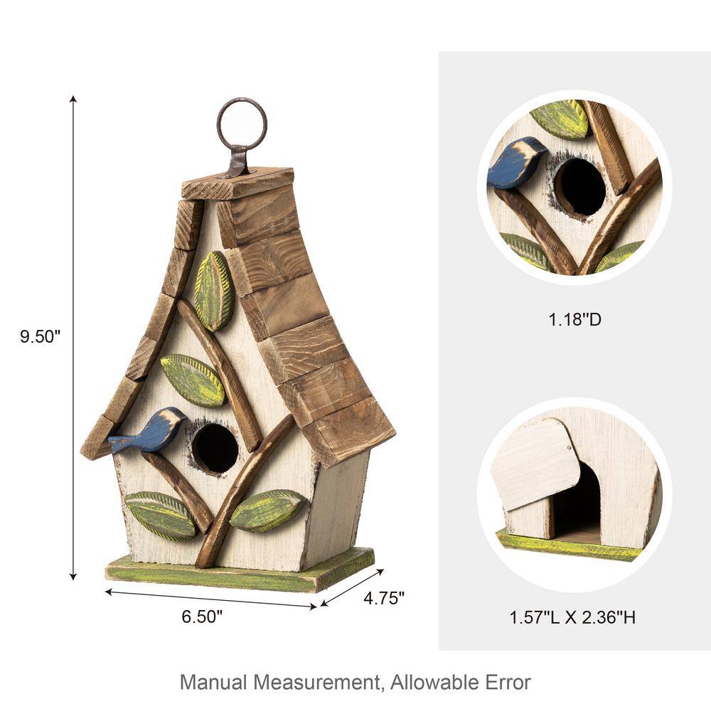Distressed Washed White Solid Wood Birdhouse with Natural Pallet Roof