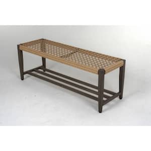 45 in. Wood Grain Painted Outdoor Metal And Rattan Bench With Storage and Adjustable Footpads