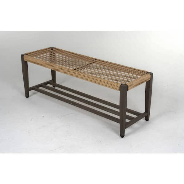 45 in. Wood Grain Painted Outdoor Metal And Rattan Bench With Storage and Adjustable Footpads